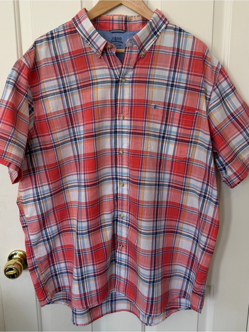 Izod Red and Blue Plaid Short-Sleeve Button-Down Shirt